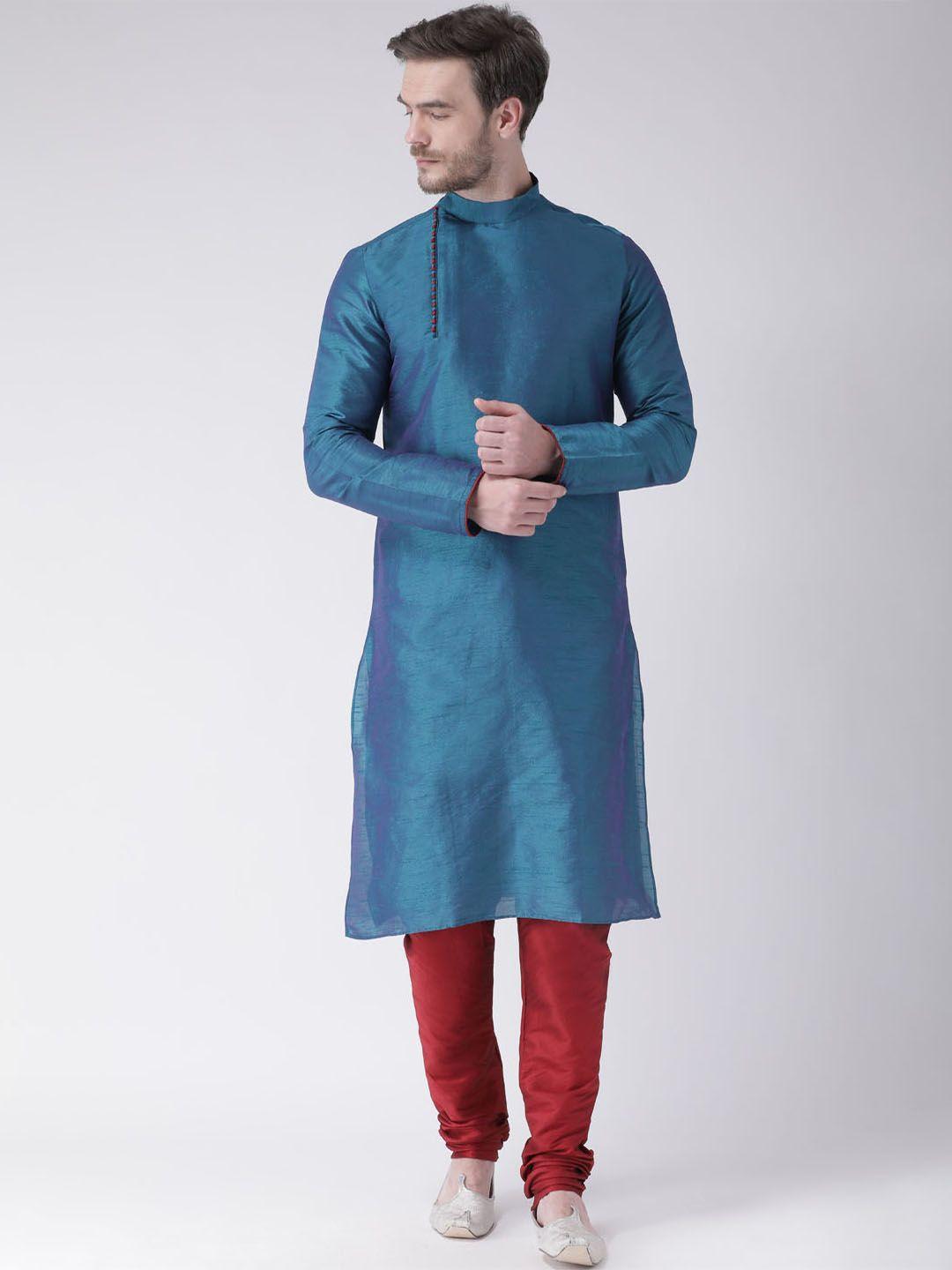 deyann men teal blue & red solid kurta with churidar