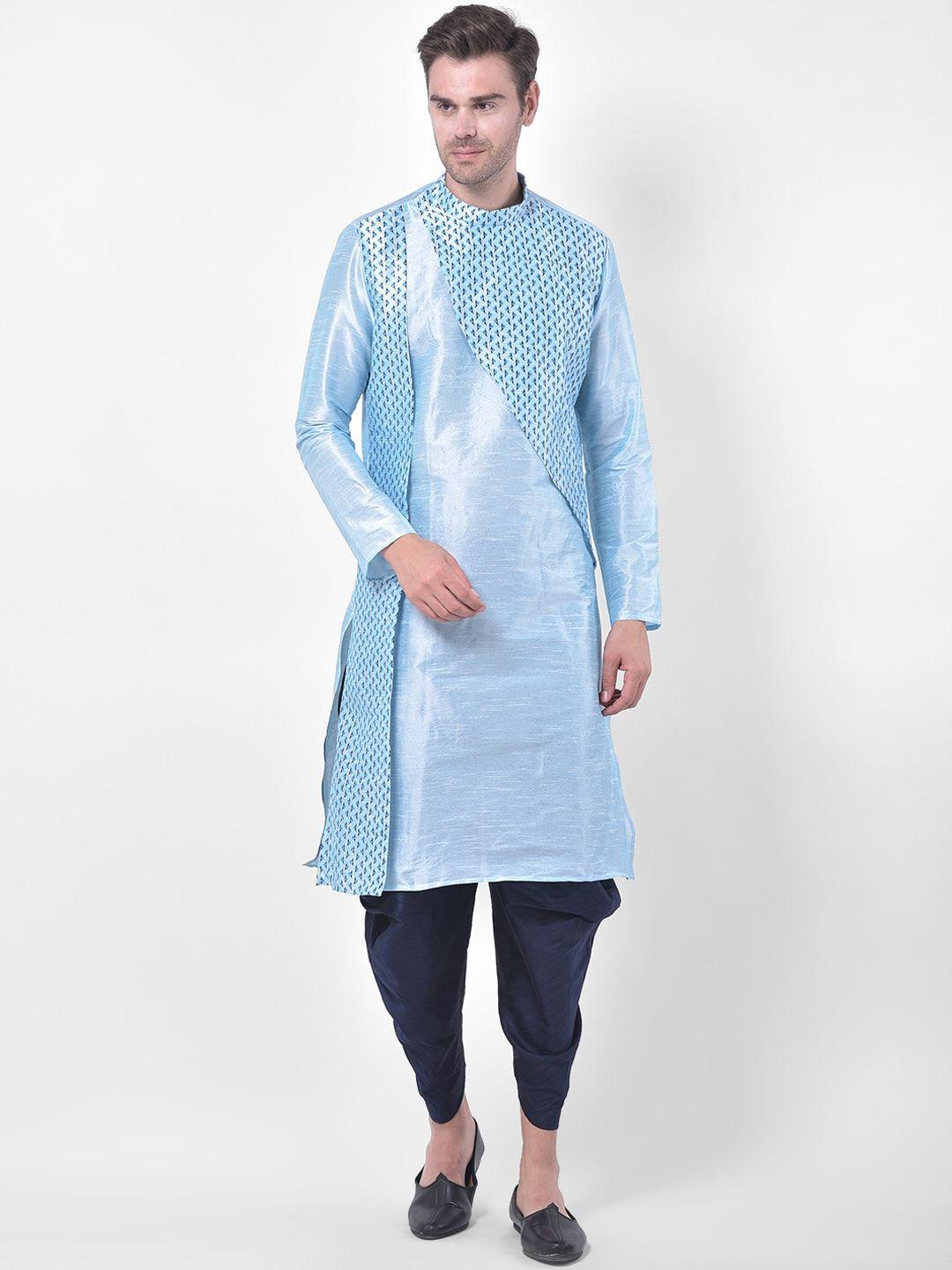 deyann men turquoise blue & navy blue ethnic motifs angrakha kurta with dhoti pants