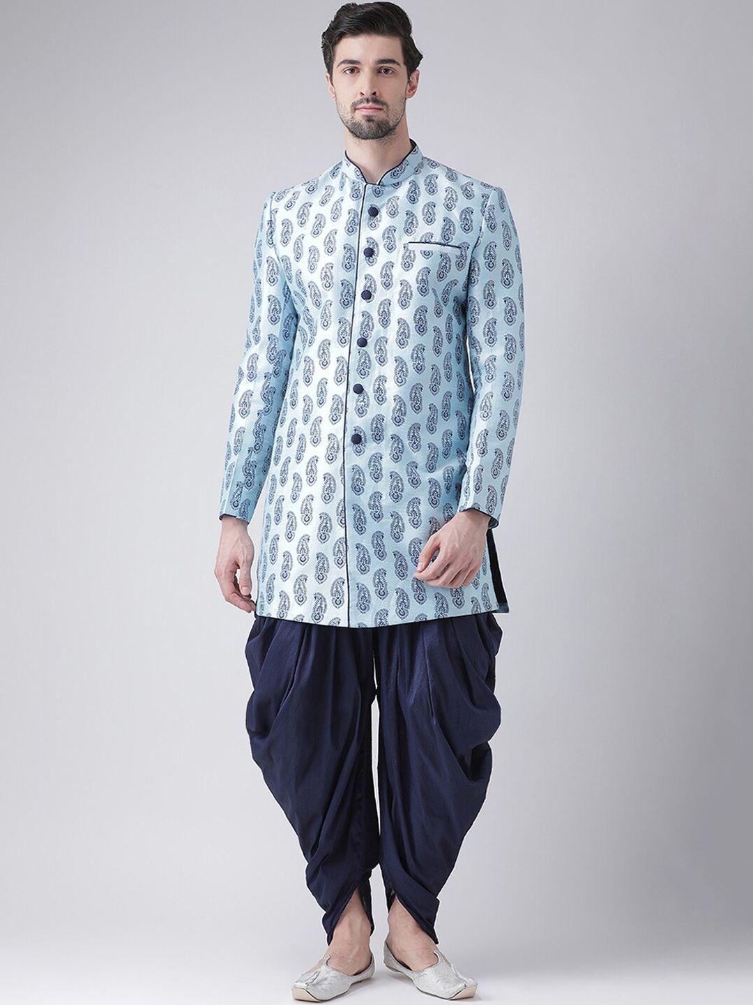 deyann men turquoise blue & navy blue ethnic motifs printed sherwani with dhoti pants