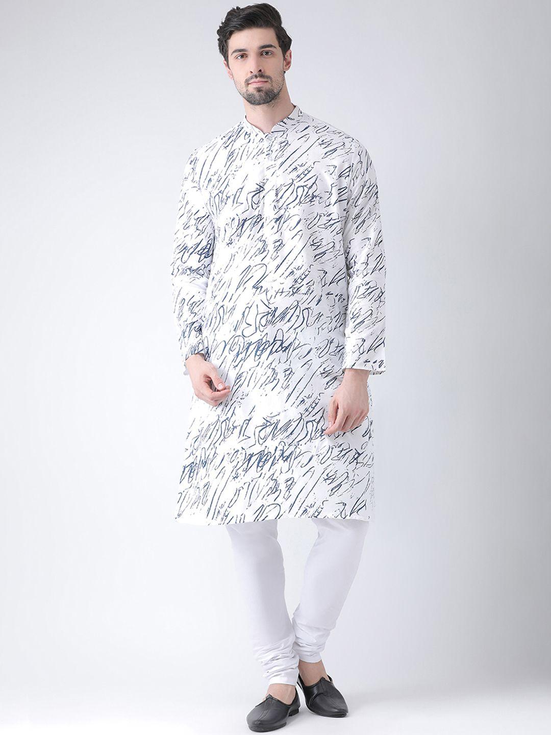 deyann men white & blue printed kurta with churidar