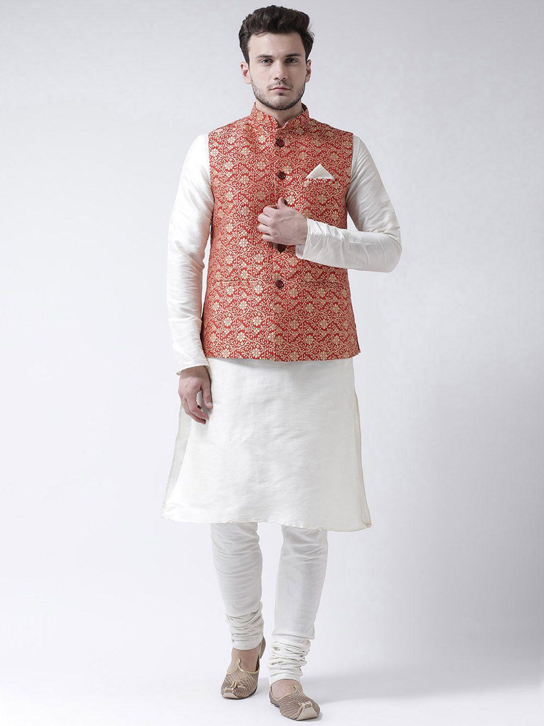 deyann men white & red solid kurta with pyjamas & nehru jacket