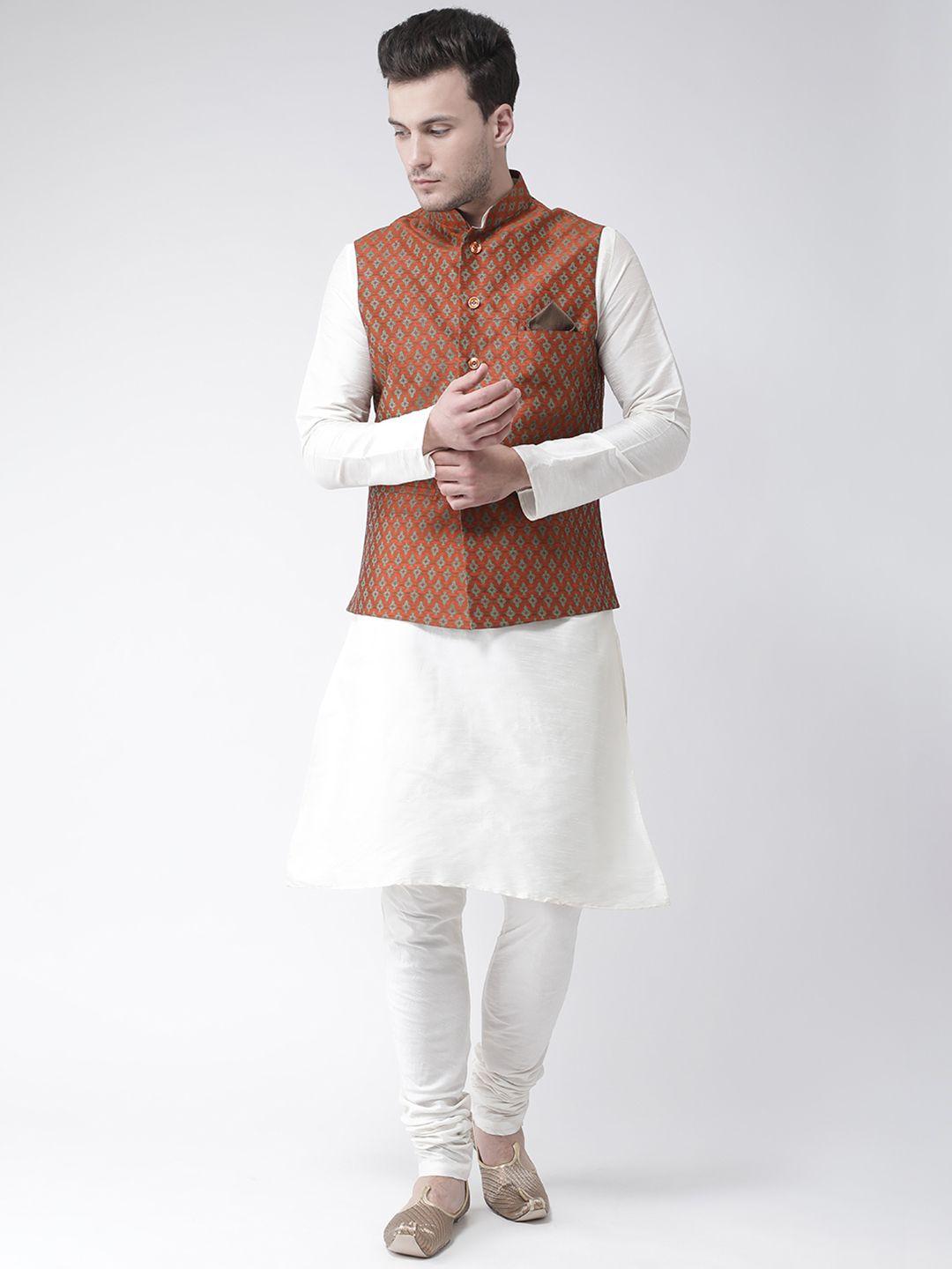 deyann men white & rust orange solid kurta with churidar & nehru jacket