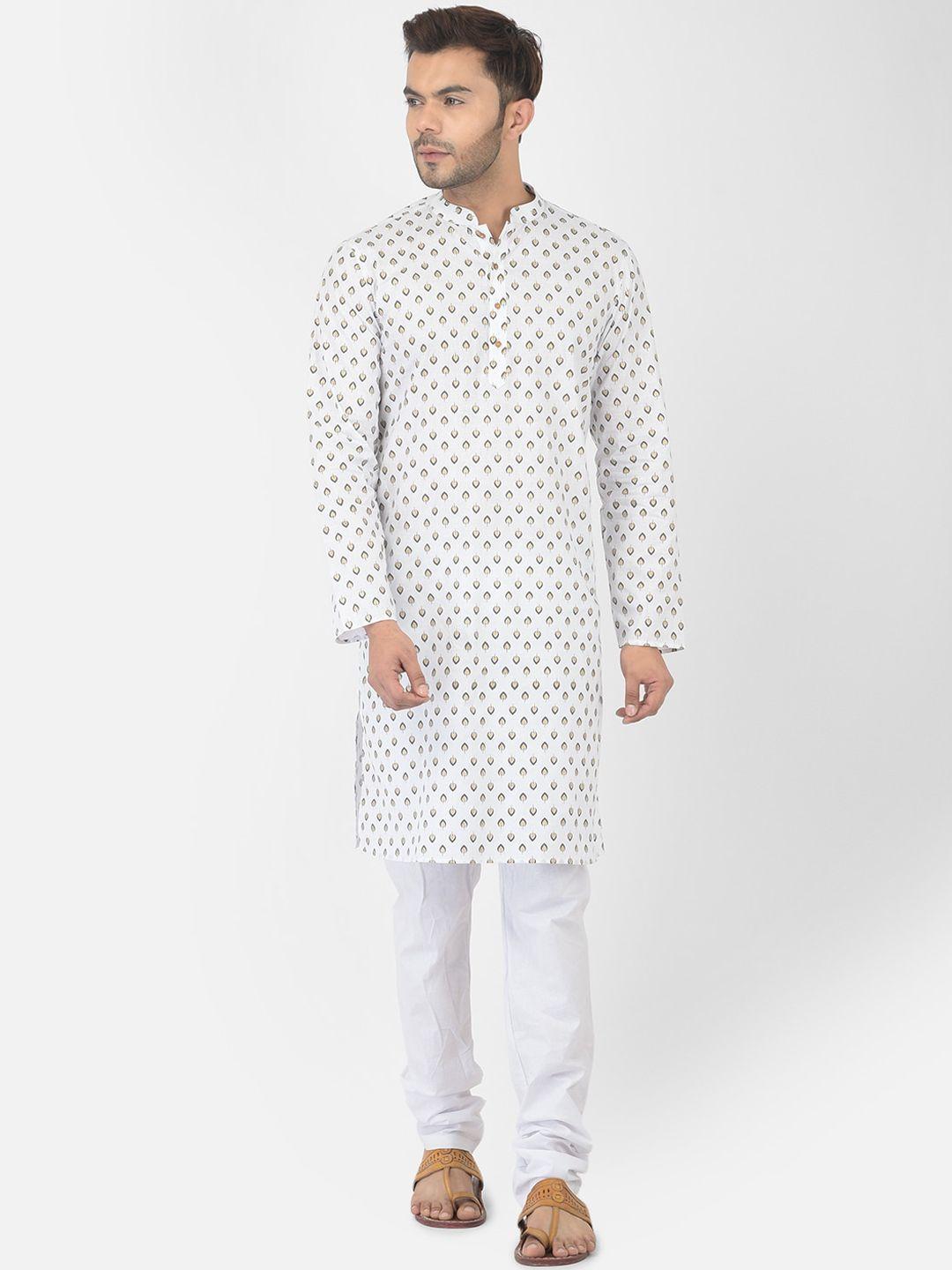 deyann men white floral printed pure cotton kurta with churidar