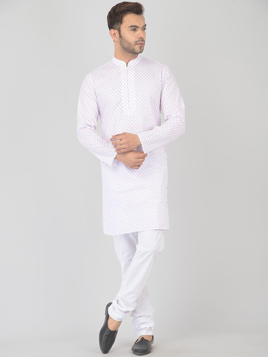 deyann men white printed pure cotton kurta with churidar