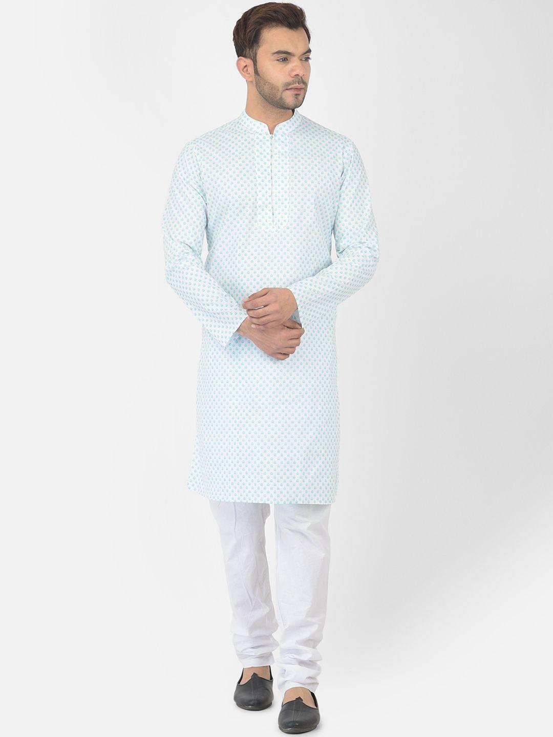 deyann men white printed pure cotton kurta with pyjamas