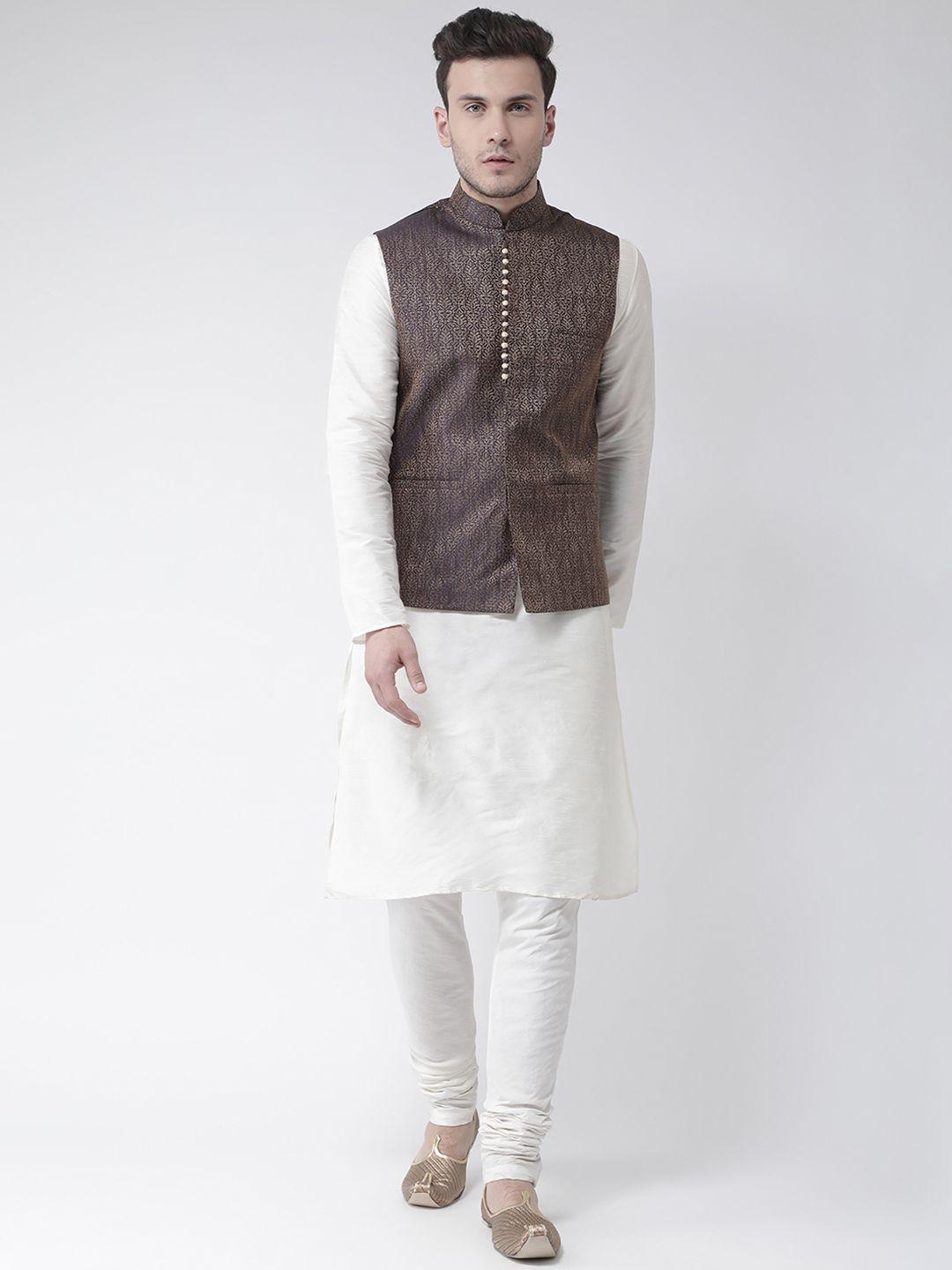 deyann men white solid kurta with pyjamas & nehru jacket