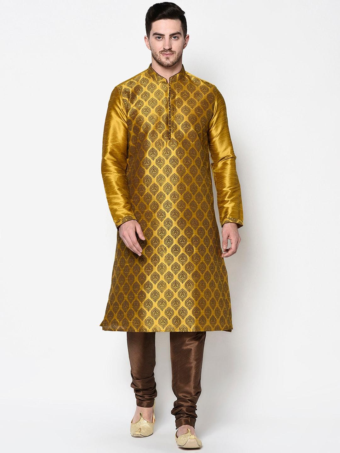 deyann men yellow & brown ethnic motifs printed dupion silk printed kurta