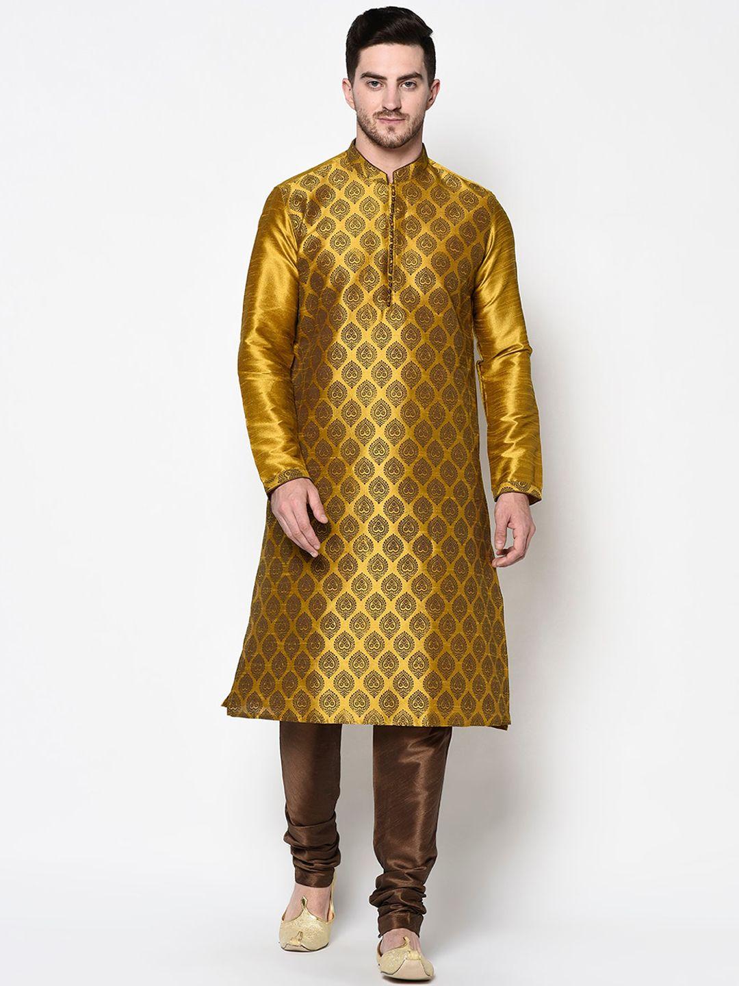 deyann men yellow & brown printed kurta with pyjamas
