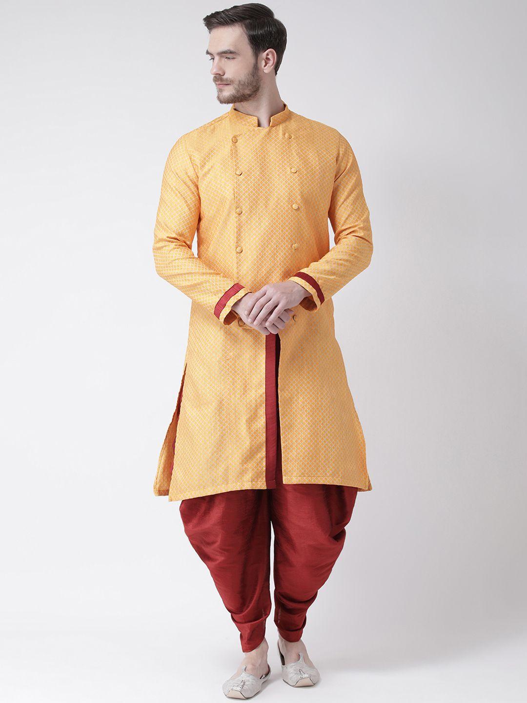 deyann men yellow & maroon woven design kurta with dhoti pants