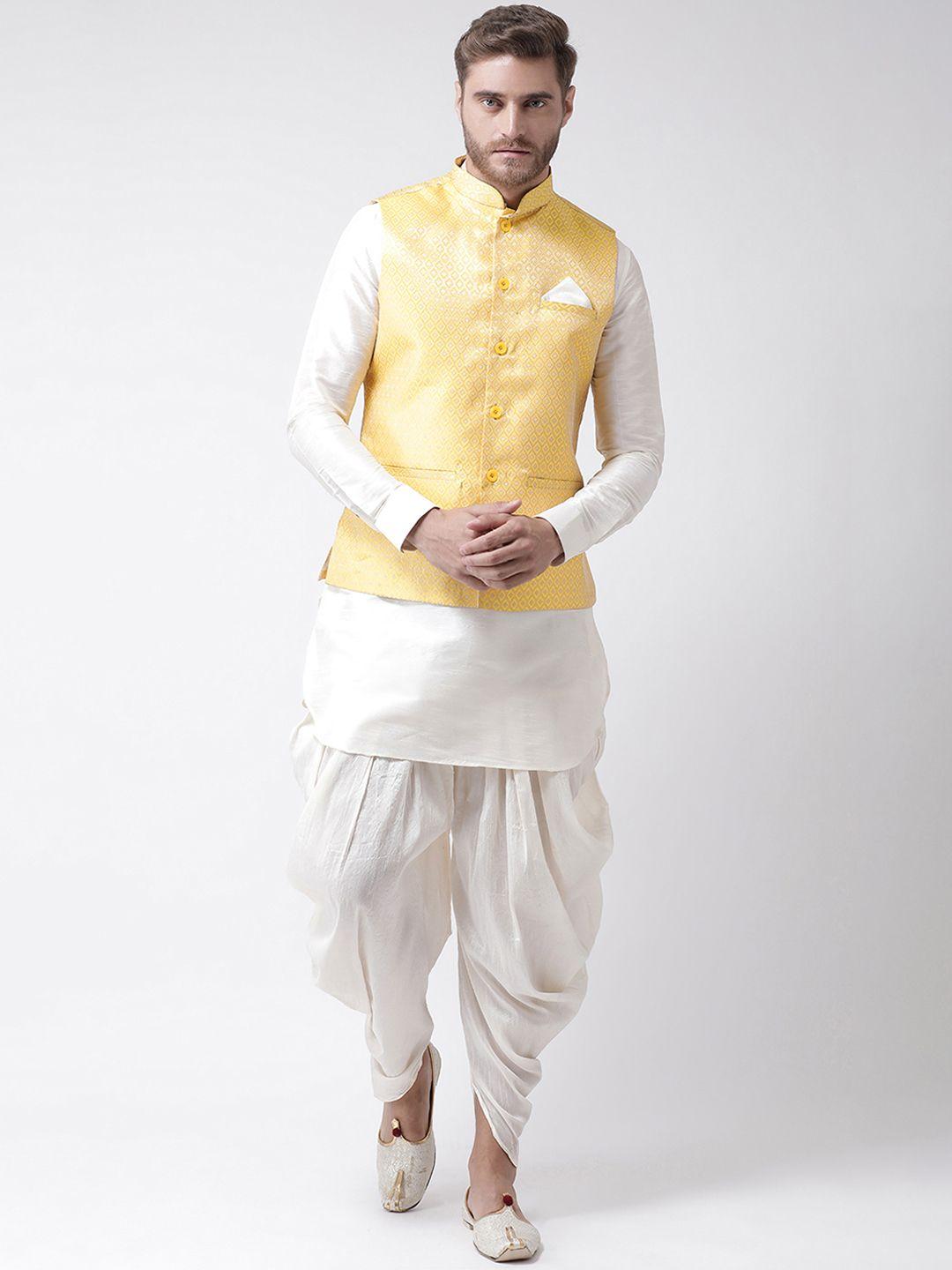 deyann men yellow & off-white self design kurta with patiala