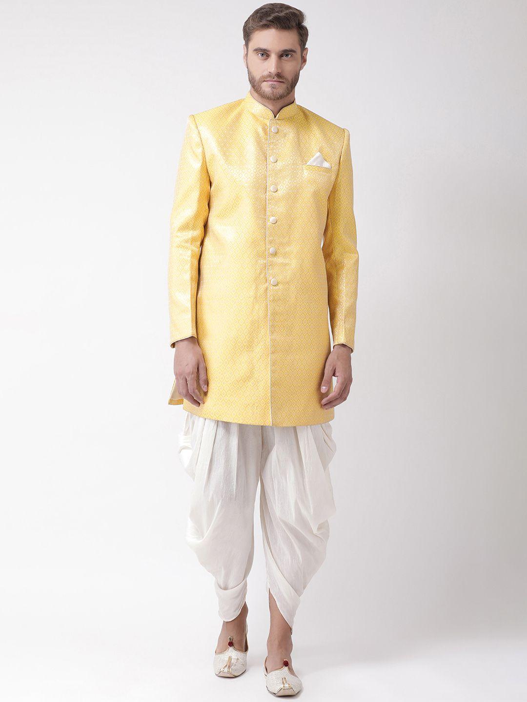 deyann men yellow & off white sherwani with dhoti pants