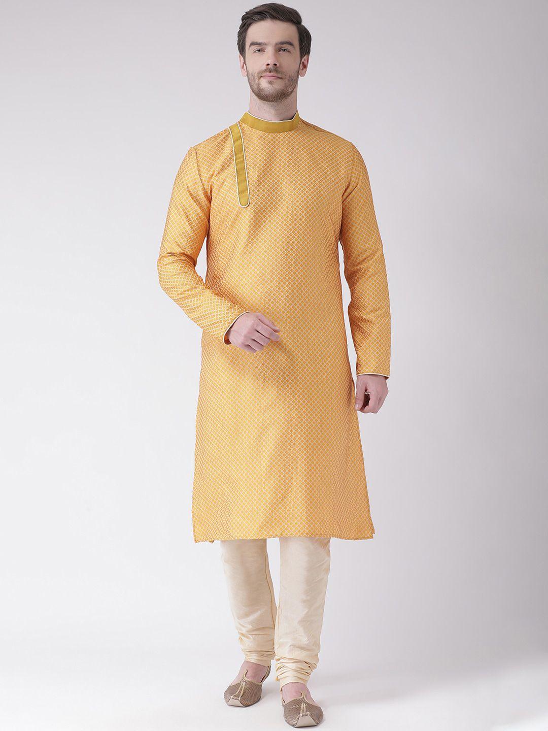deyann men yellow & off-white woven design dupion silk kurta with churidar