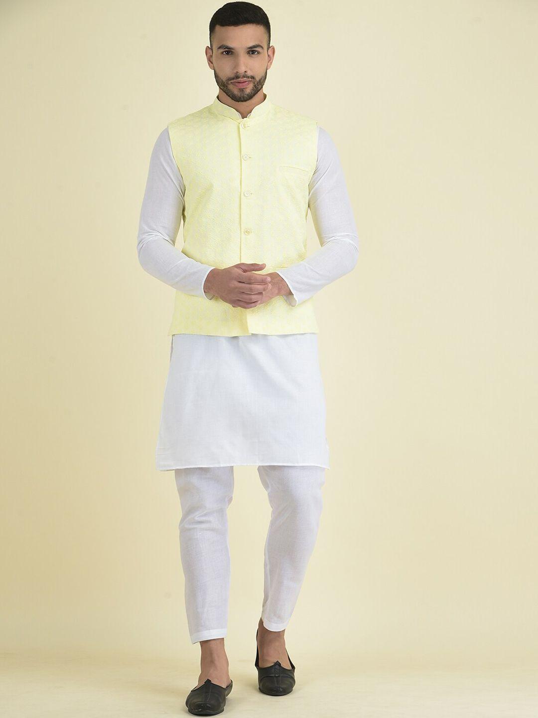 deyann men yellow ethnic motifs chikankari pure cotton kurta with pyjamas