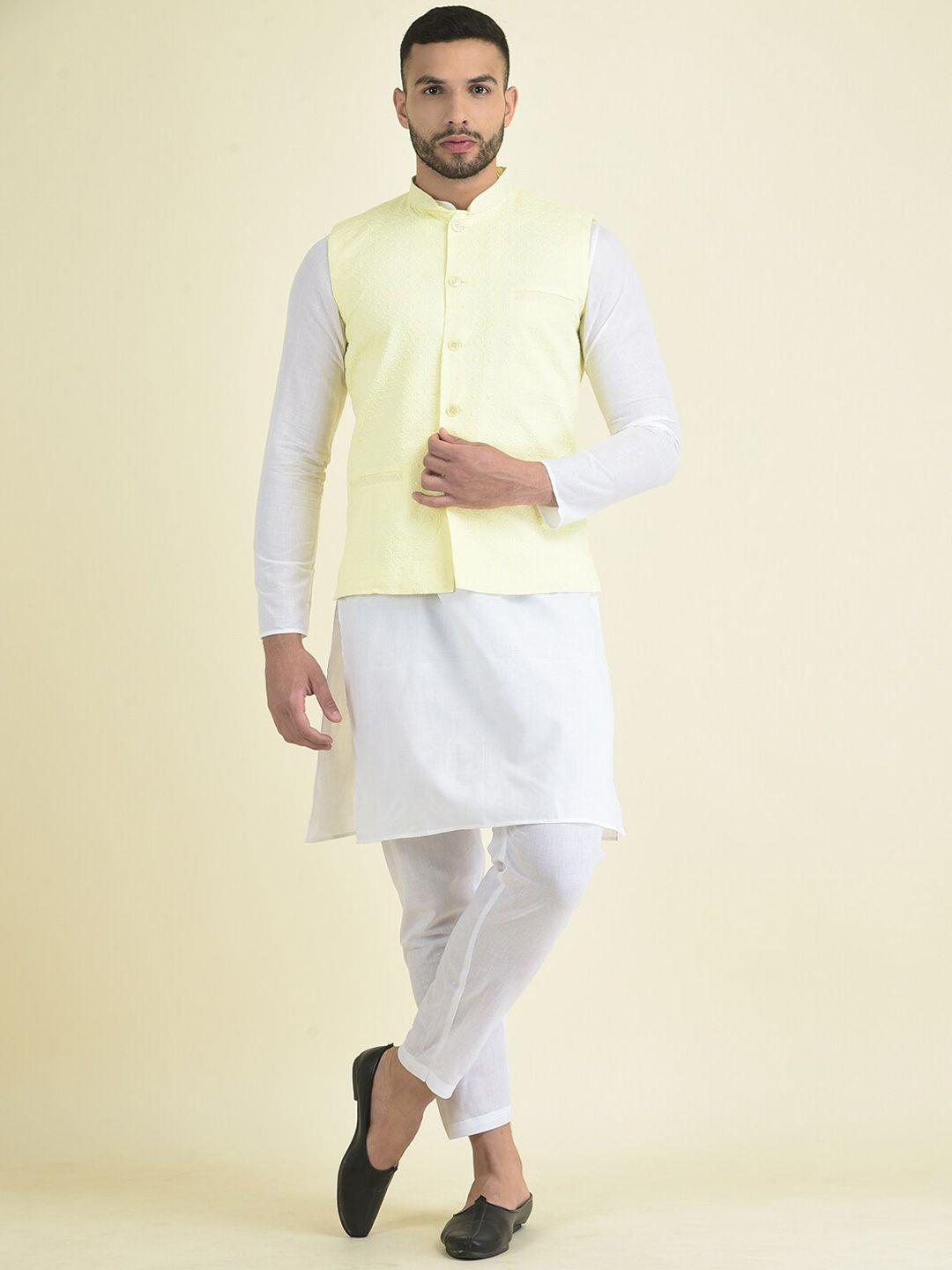 deyann men yellow ethnic motifs embroidered pure cotton kurta with pyjamas