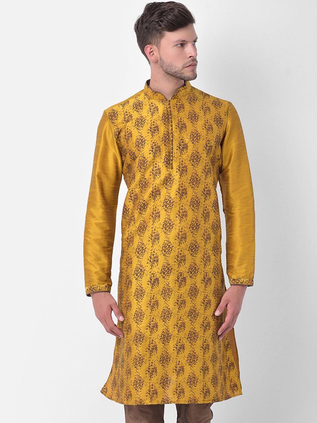 deyann men yellow printed regular dupion silk kurta with churidar