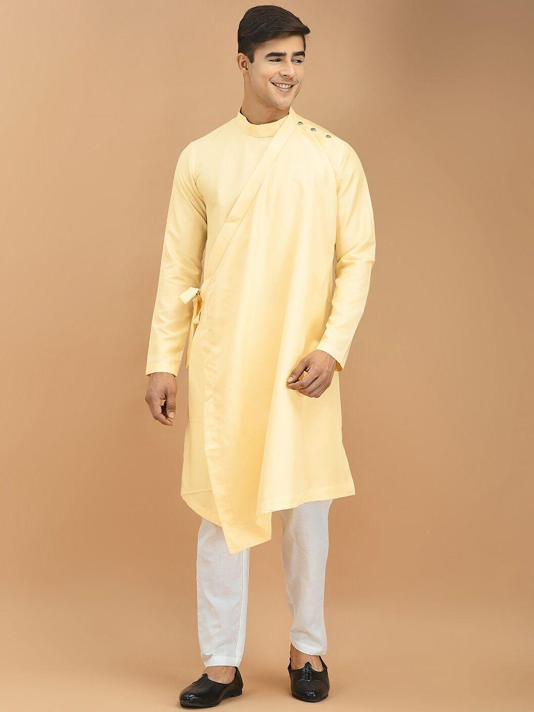 deyann men yellow regular linen kurta with trousers