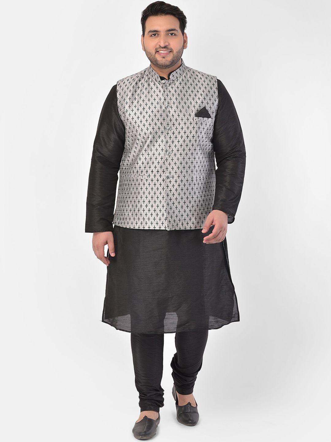 deyann plus men black & silver-toned solid kurta with churidar & nehru jacket