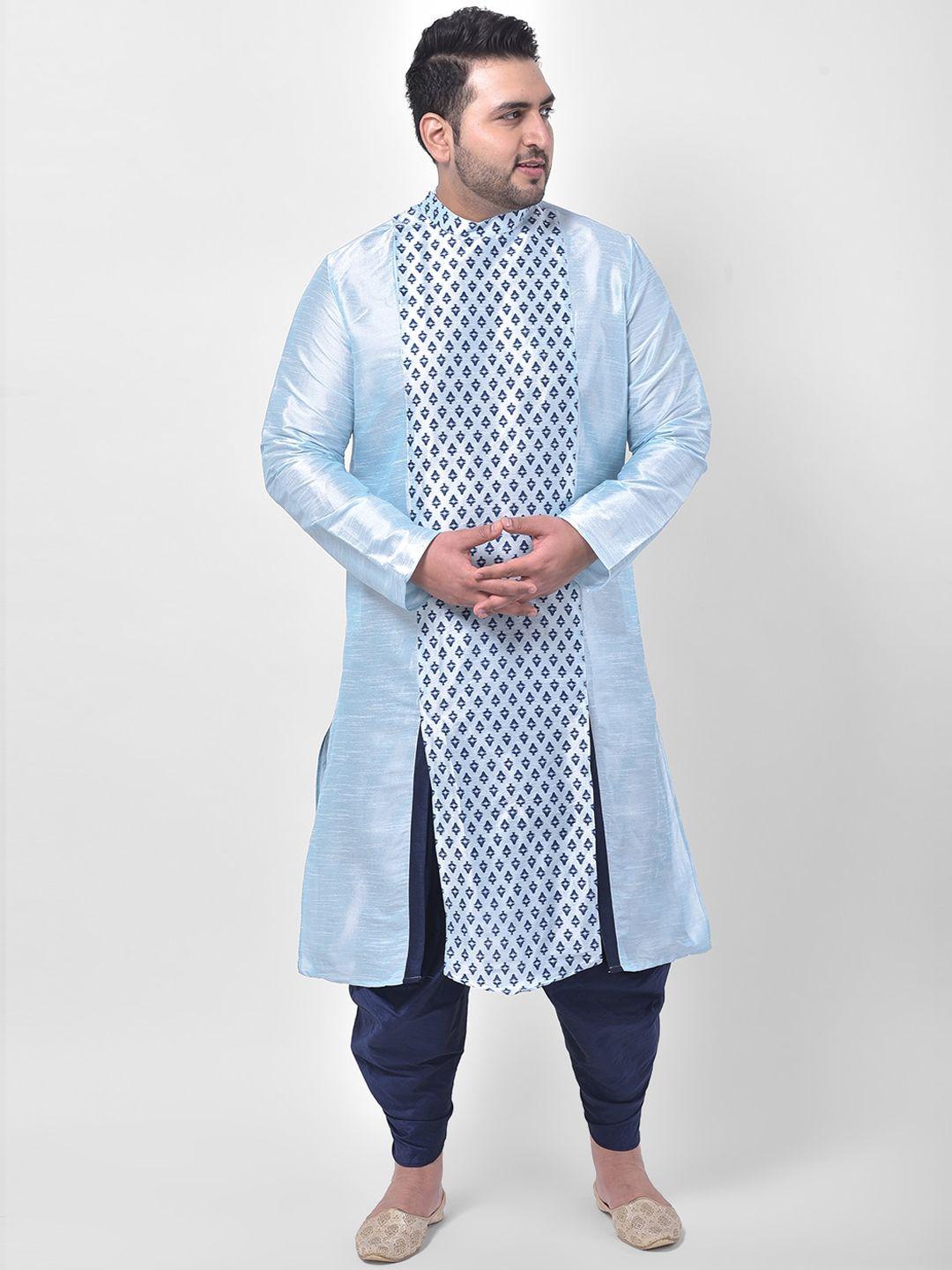 deyann plus men blue printed dupion silk kurta with dhoti pants