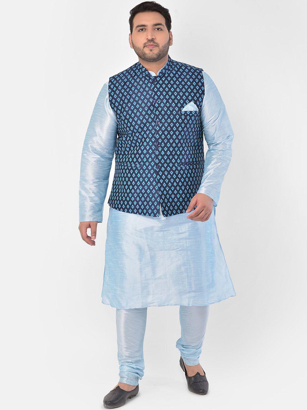 deyann plus men blue regular straight dupion silk kurta with churidar with nehru jacket