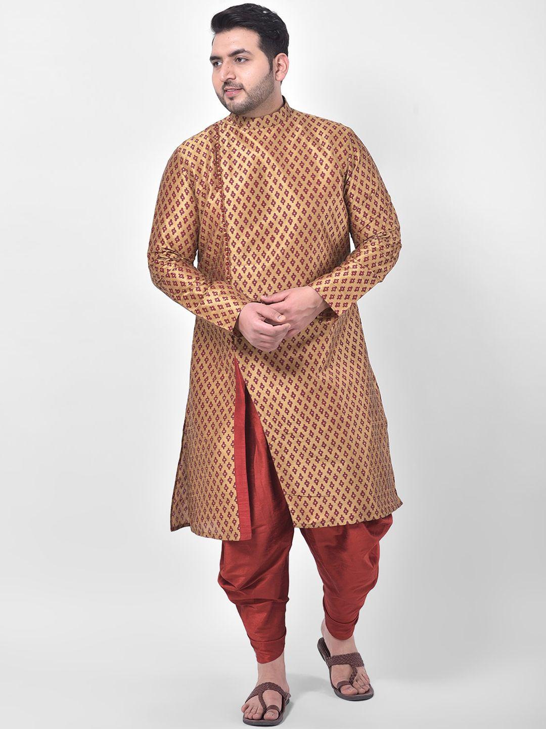 deyann plus men brown & maroon printed kurta with dhoti pants
