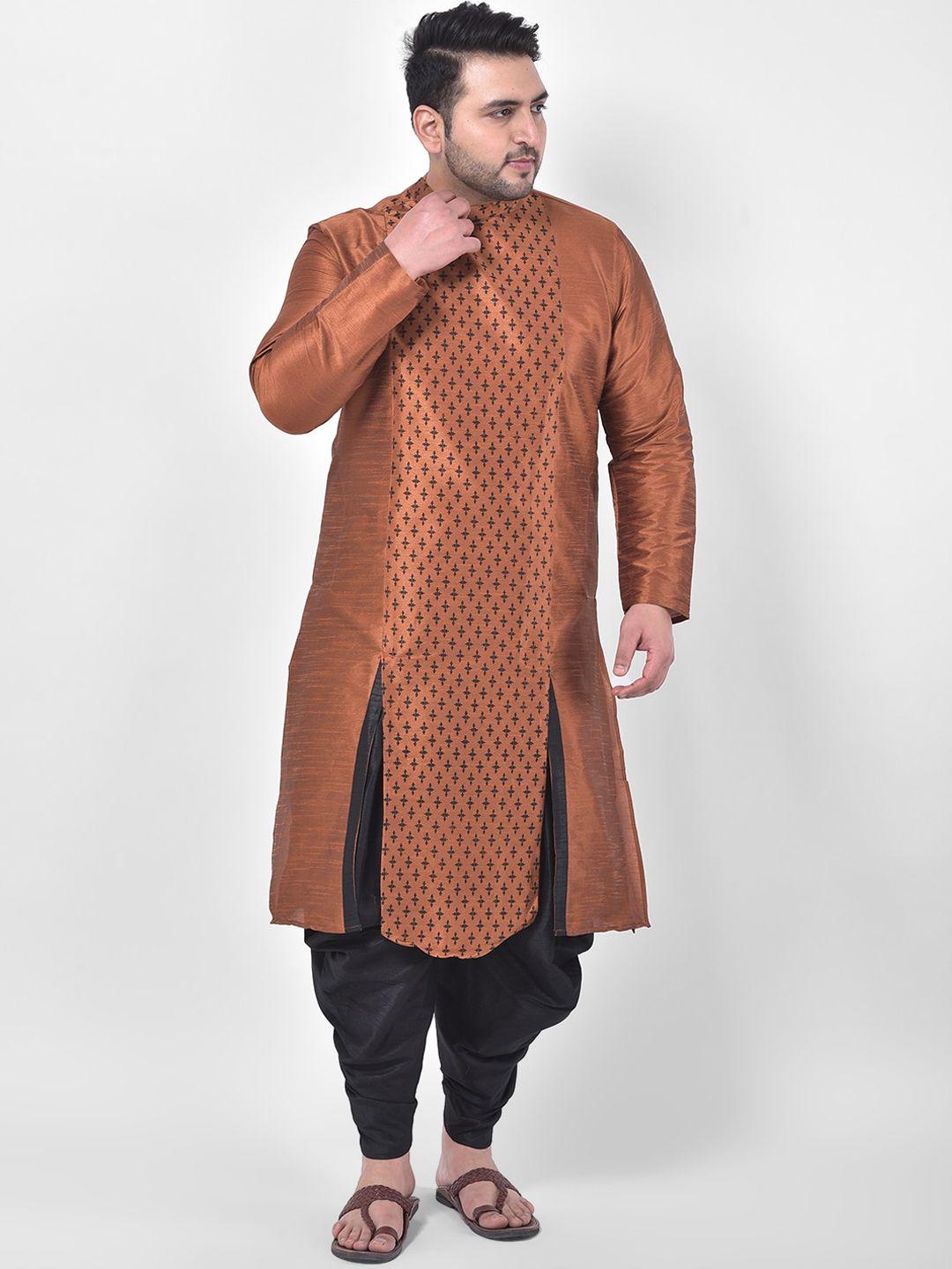 deyann plus men copper-toned ethnic motifs printed dupion silk kurta with dhoti pants