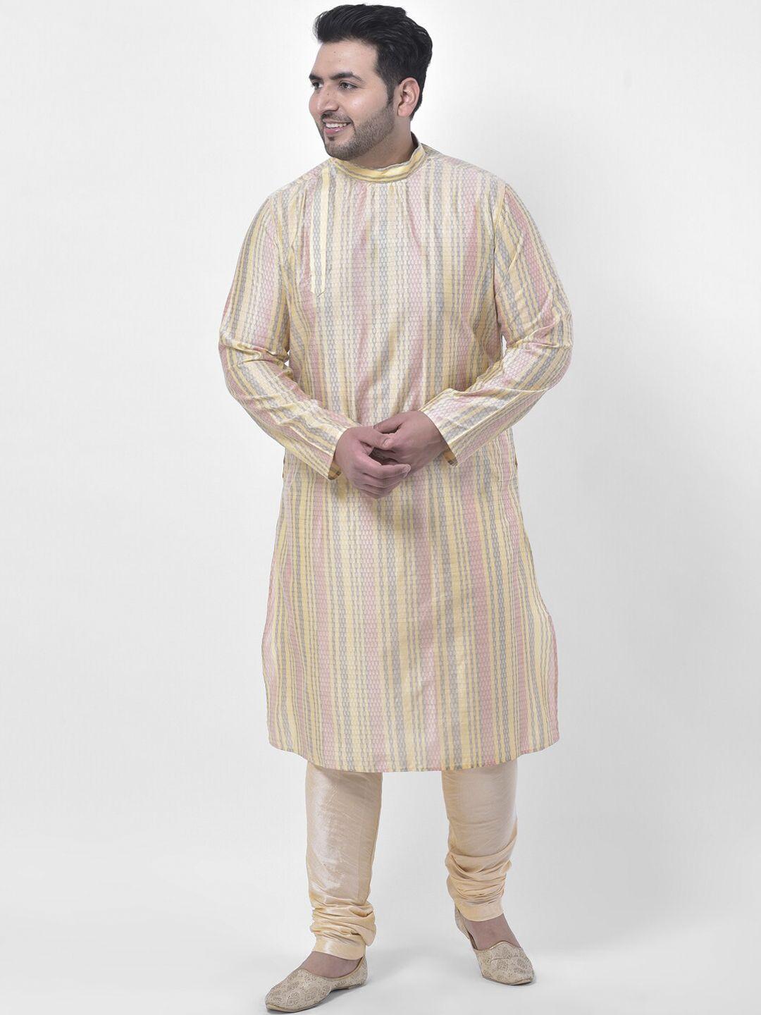 deyann plus men cream & pink striped kurta