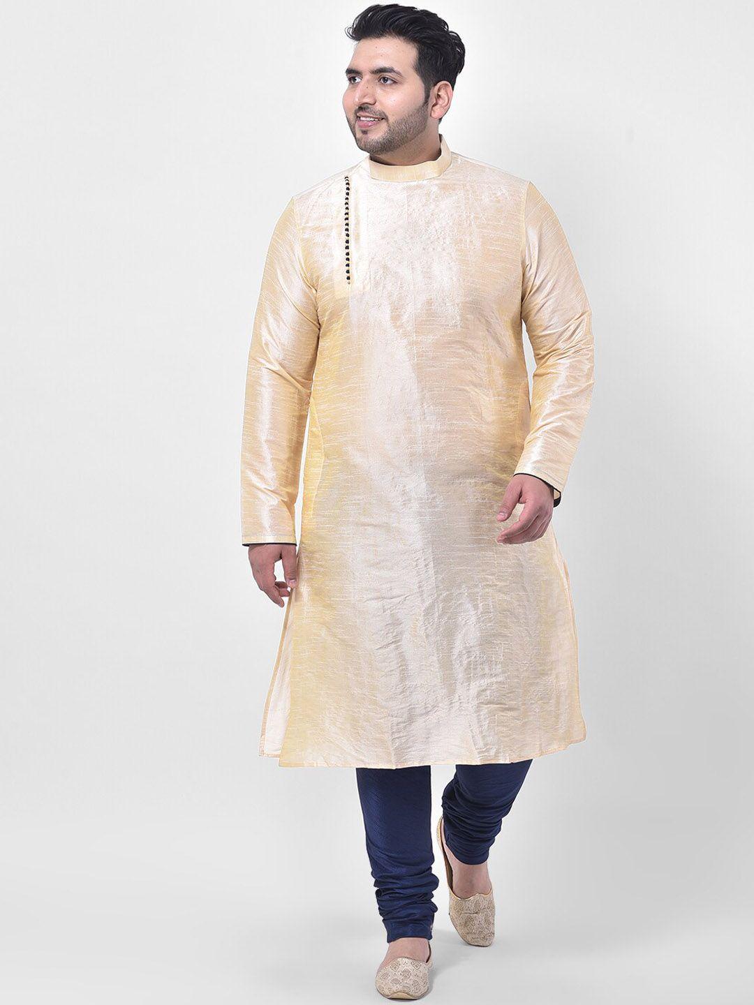 deyann plus men cream-coloured & blue solid dupion silk kurta with churidar