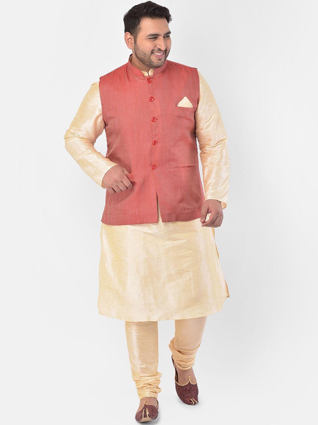 deyann plus men gold-toned & maroon solid kurta with churidar & jacket