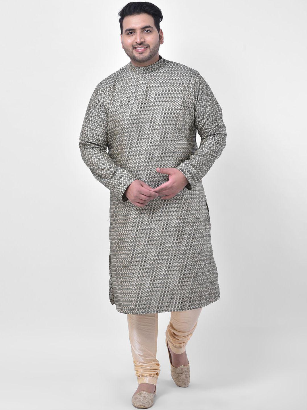 deyann plus men green & beige ethnic motifs kurta with churidar