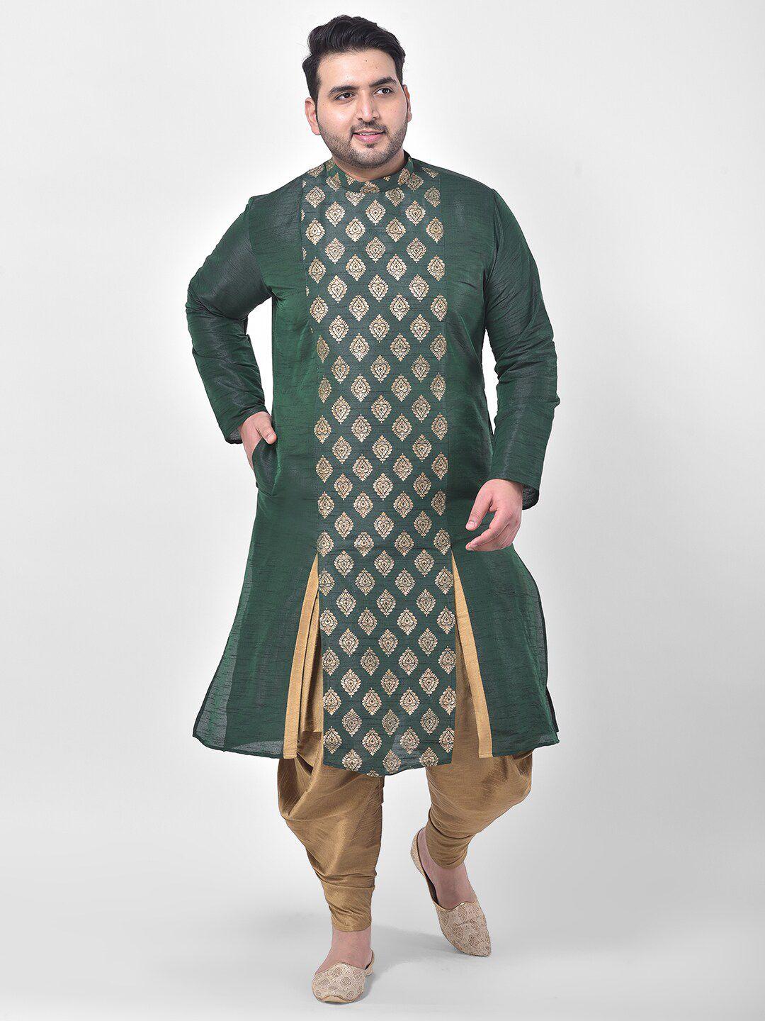 deyann plus men green & brown printed kurta with dhoti pants