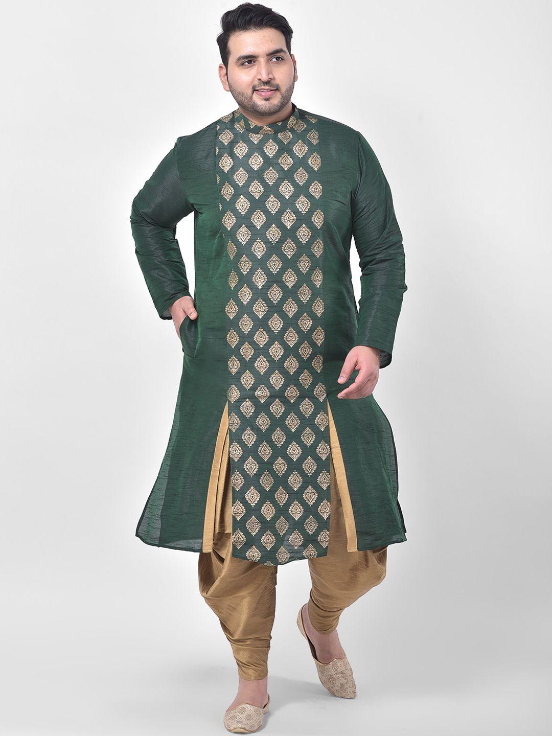 deyann plus men green ethnic motifs printed plus size dupion silk kurta with dhoti pants