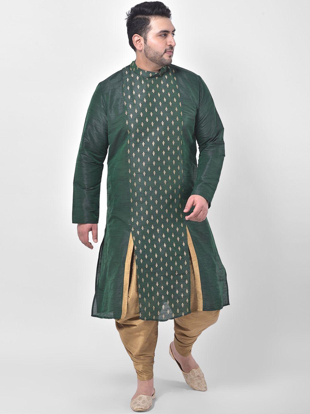 deyann plus men green ethnic motifs printed plus size dupion silk kurta with dhoti pants