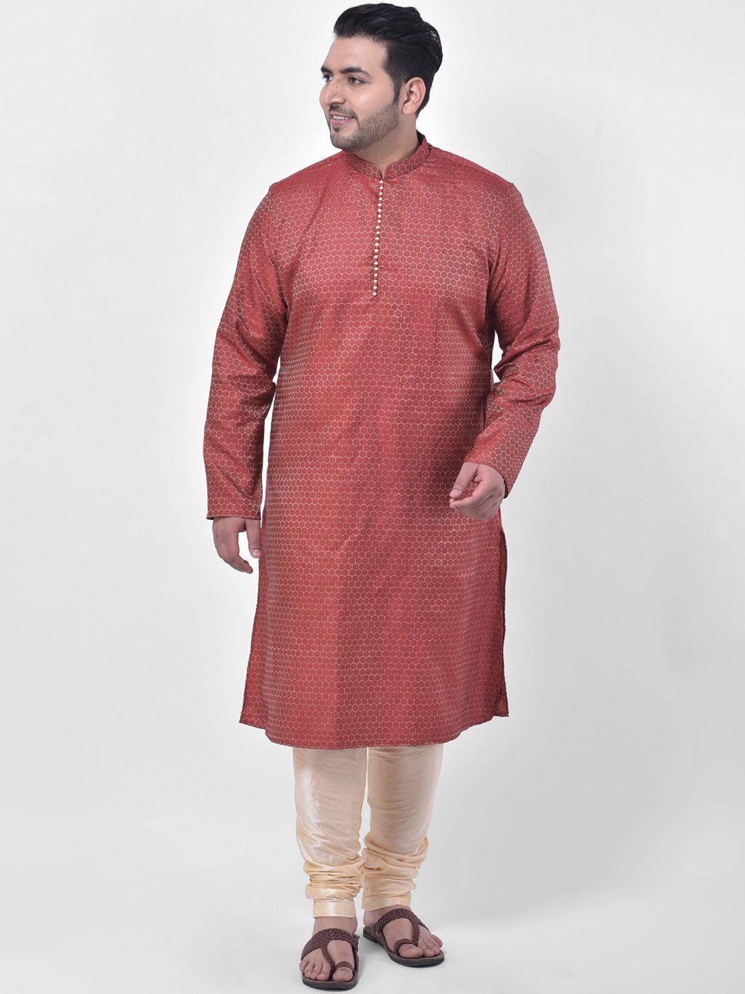 deyann plus men maroon & champagne woven design kurta with churidar