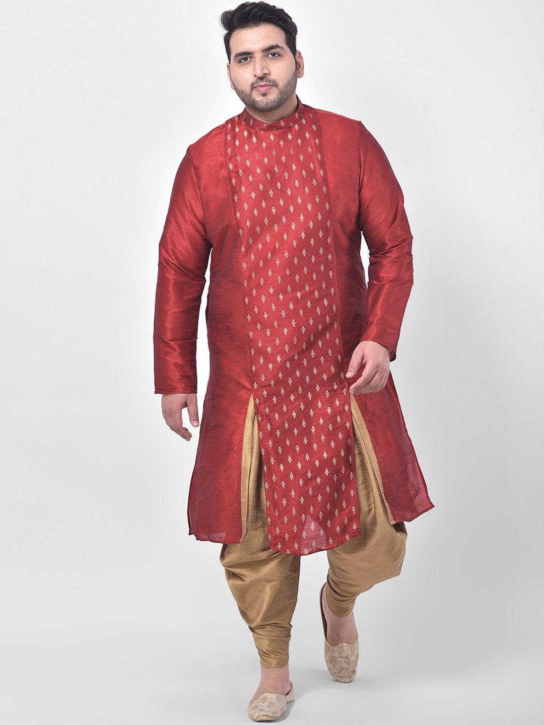 deyann plus men maroon & gold-colured geometric printed panelled kurta