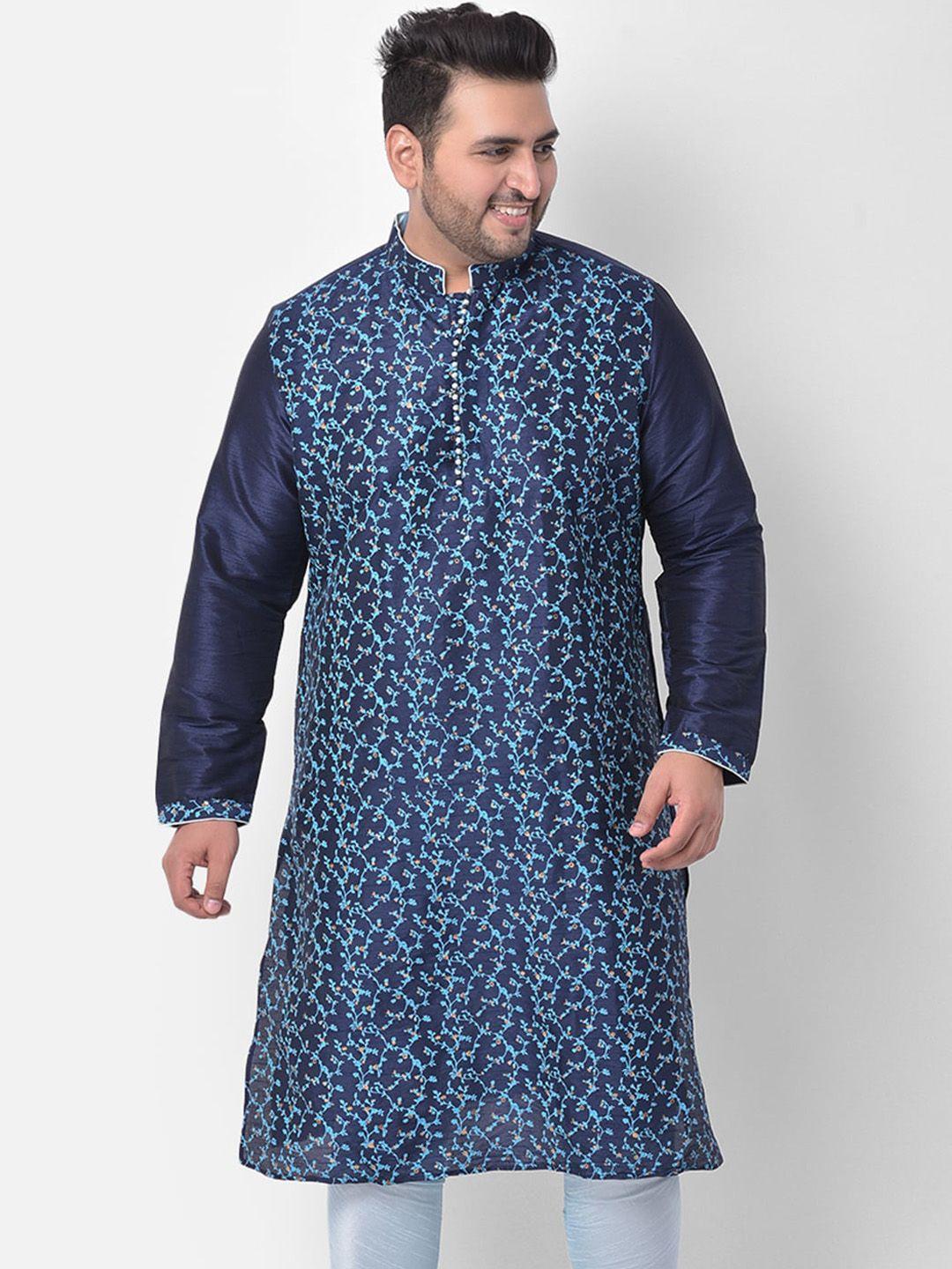 deyann plus men navy blue & blue floral printed mandarin collar dupion silk straight kurta