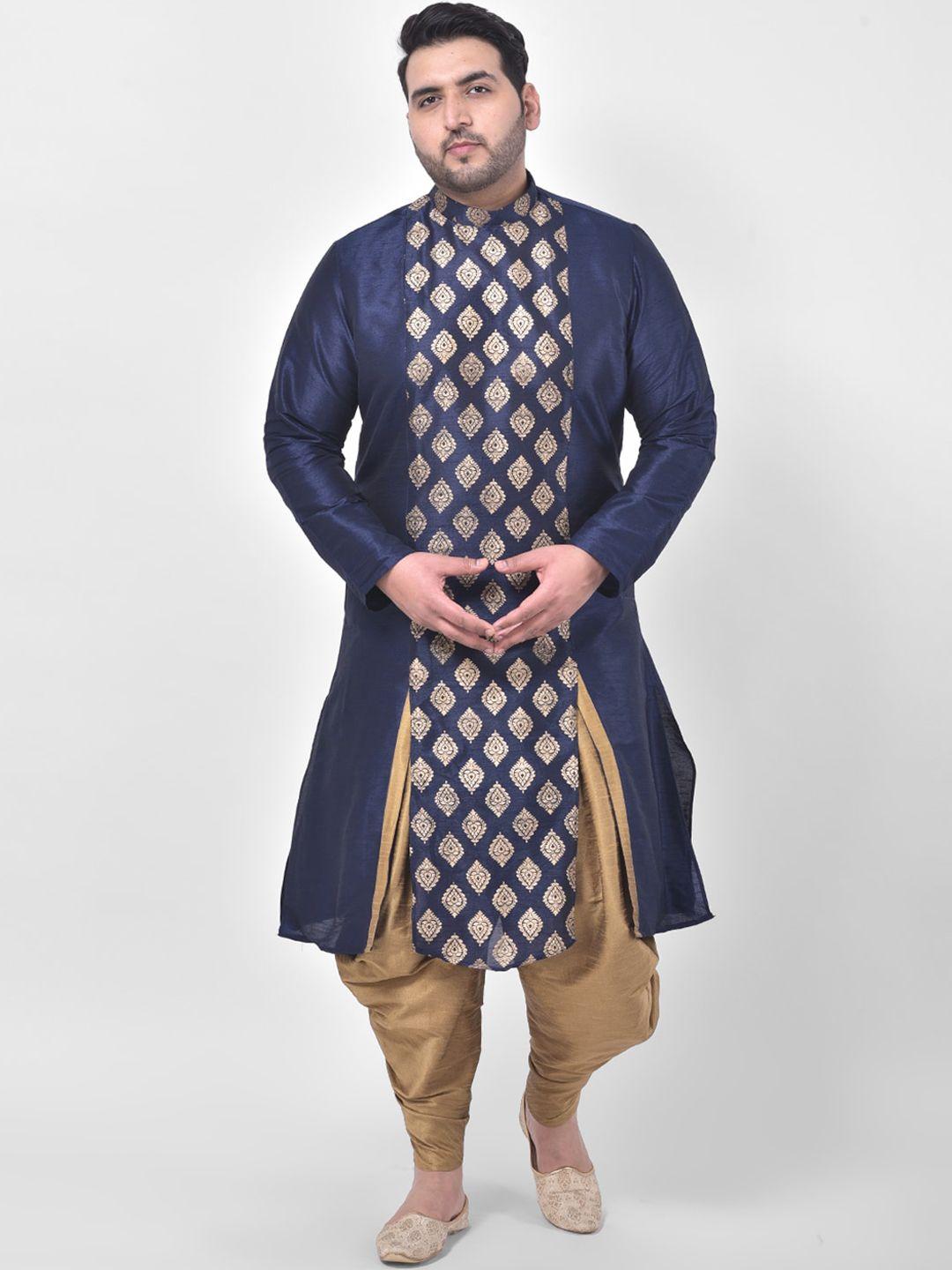 deyann plus men navy blue & gold-toned embroidered kurta with dhoti pants