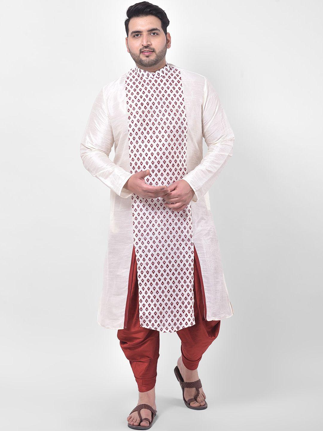 deyann plus men off-white & maroon printed dupion silk kurta with dhoti pants