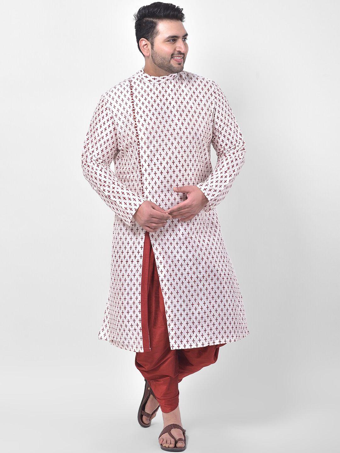 deyann plus men off-white & maroon printed kurta with dhoti pants