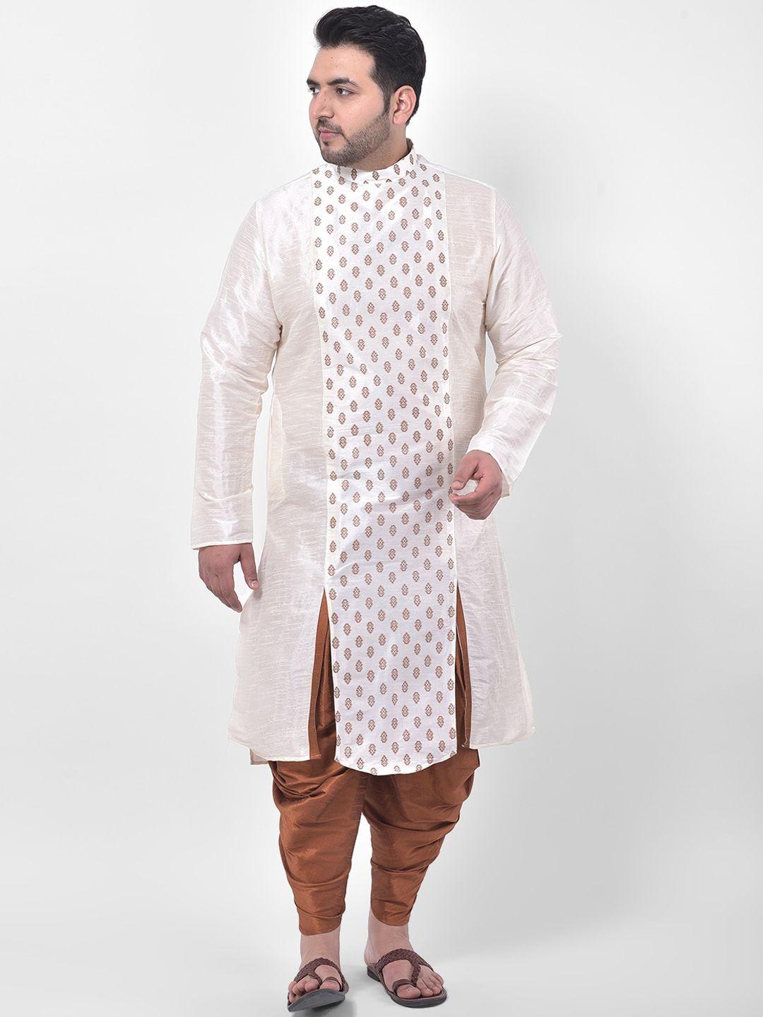 deyann plus men off white ethnic motifs printed plus size kurta with dhoti pants