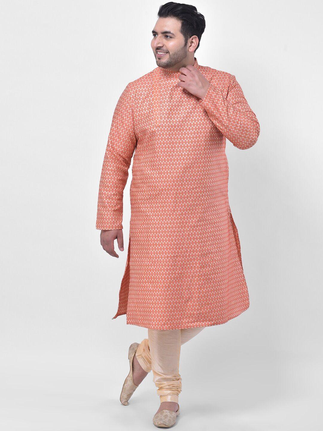 deyann plus men orange geometric printed thread work kurta