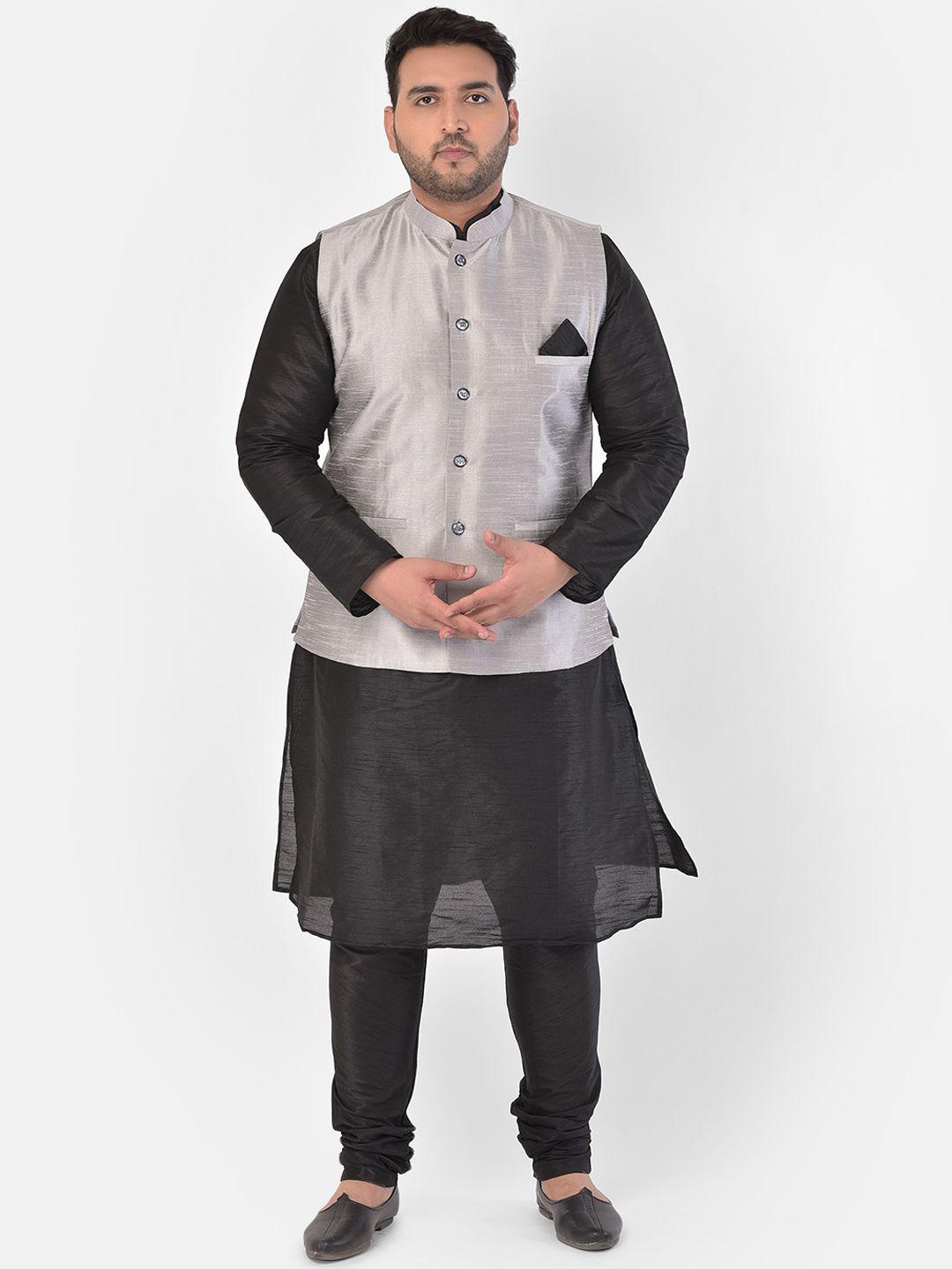 deyann plus men plus size black & silver solid kurta with churidar & nehru jacket