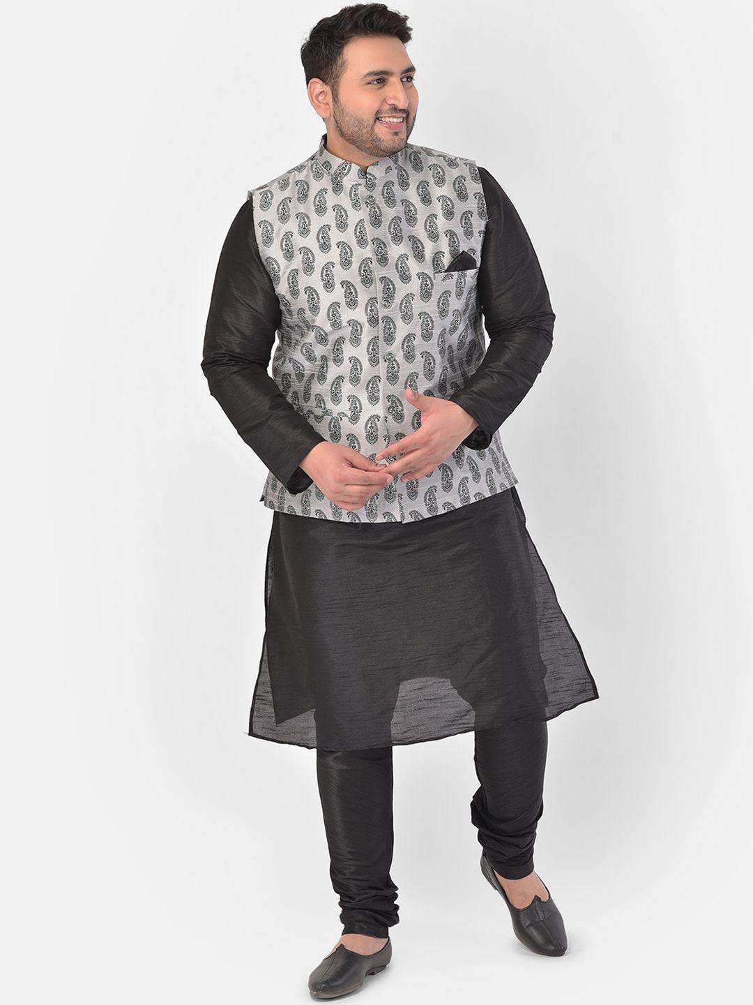 deyann plus men plus size black & silver solid kurta with churidar & nehru jacket