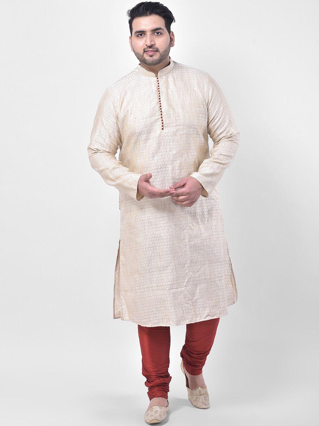 deyann plus men plus size cream-coloured woven design jacquard silk kurta