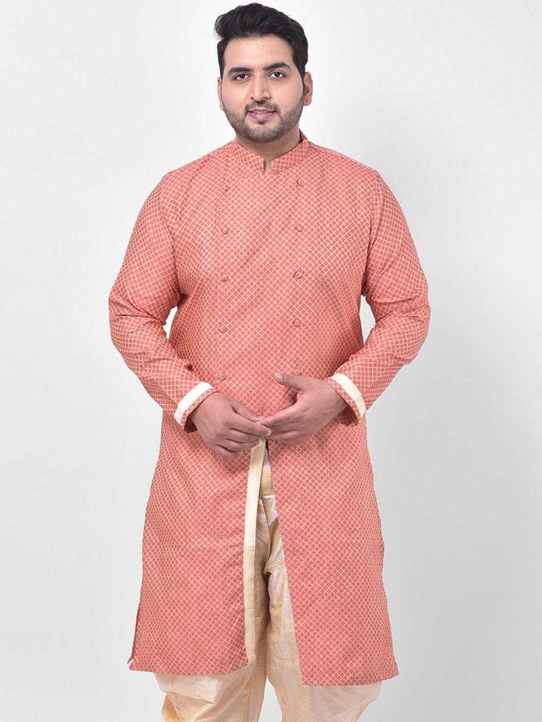 deyann plus men plus size peach-coloured & cream-coloured silk kurta