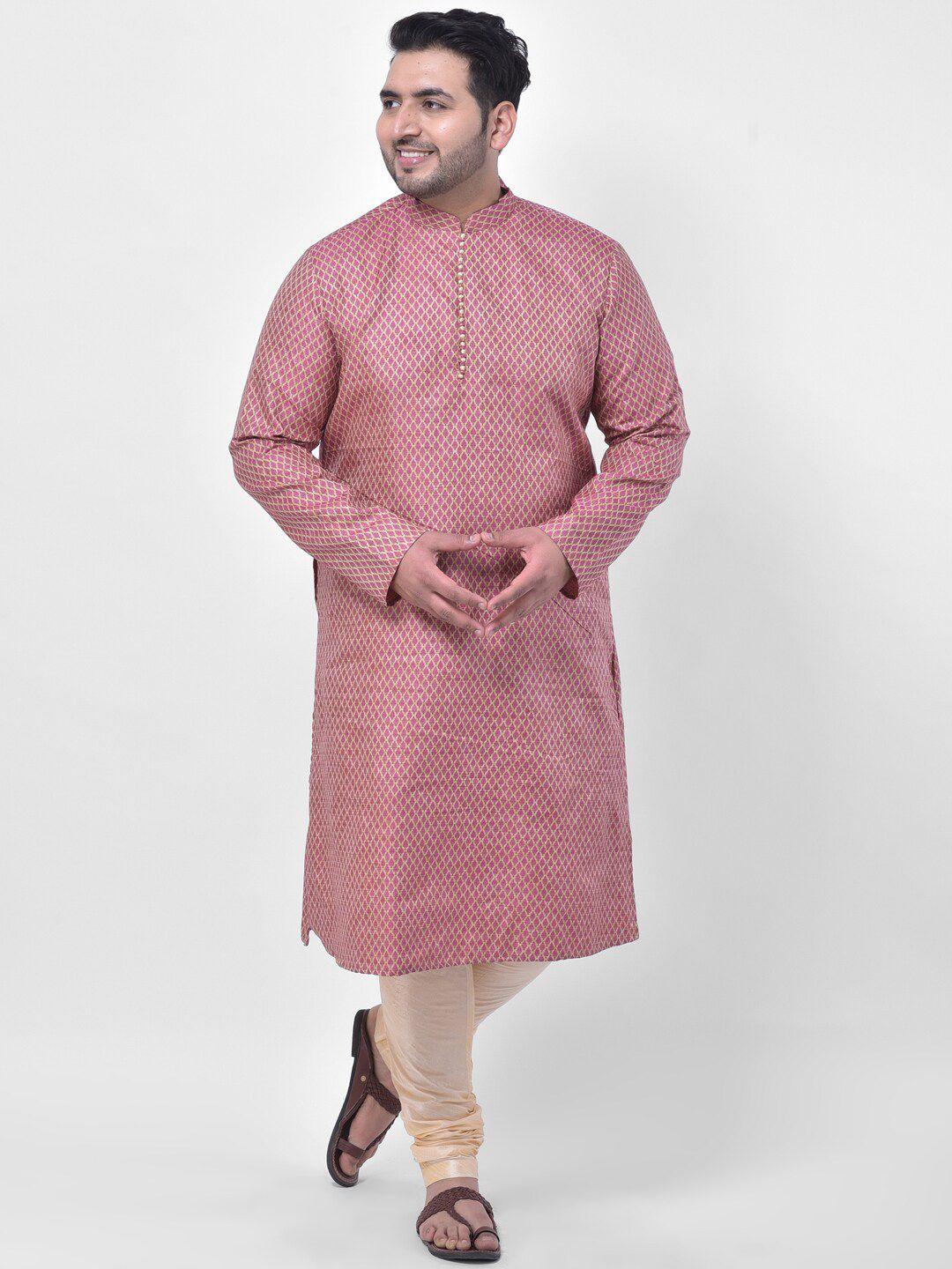 deyann plus men plus size pink woven design jacquard silk kurta