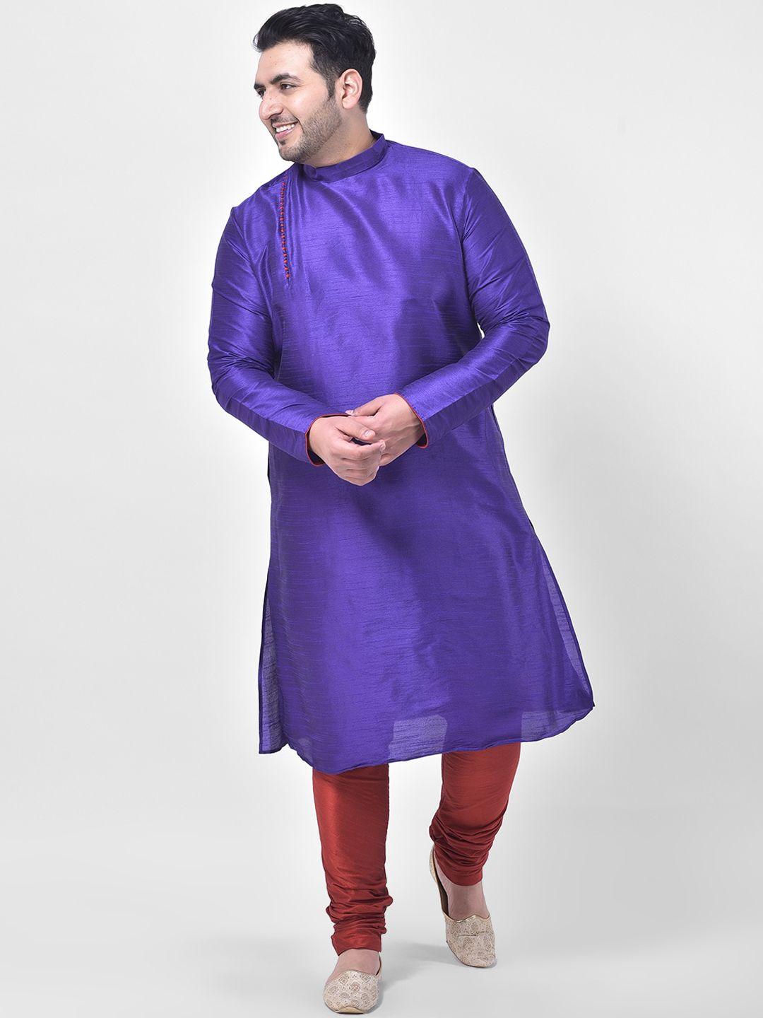 deyann plus men purple & maroon solid dupion silk kurta with churidar