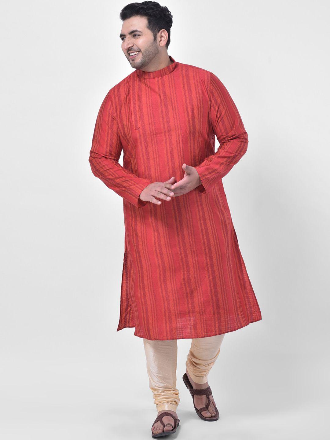 deyann plus men red striped pleated kurta with churidar