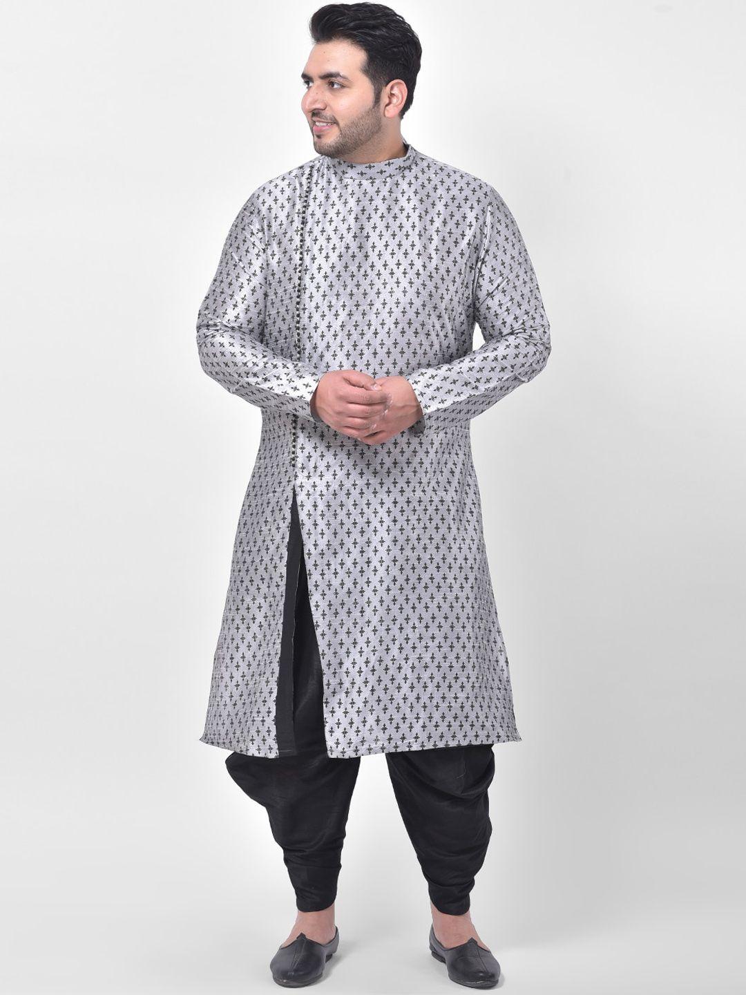 deyann plus men silver-toned & black woven design kurta with dhoti pants