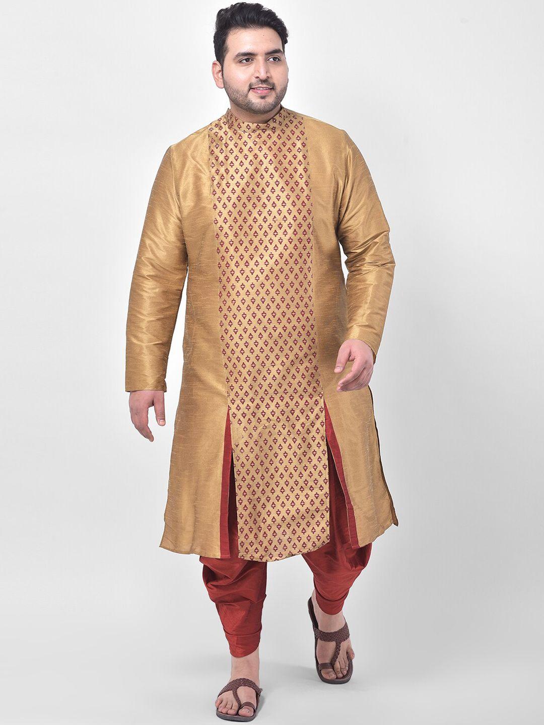 deyann plus men taupe & maroon printed kurta with dhoti pants