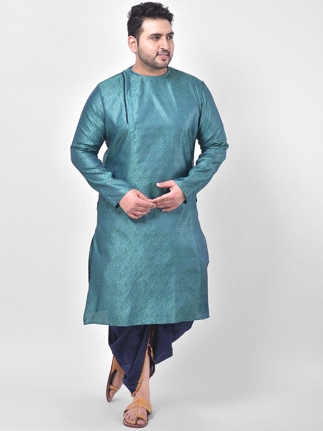 deyann plus men turquoise blue self design jacquard kurta with dhoti pants